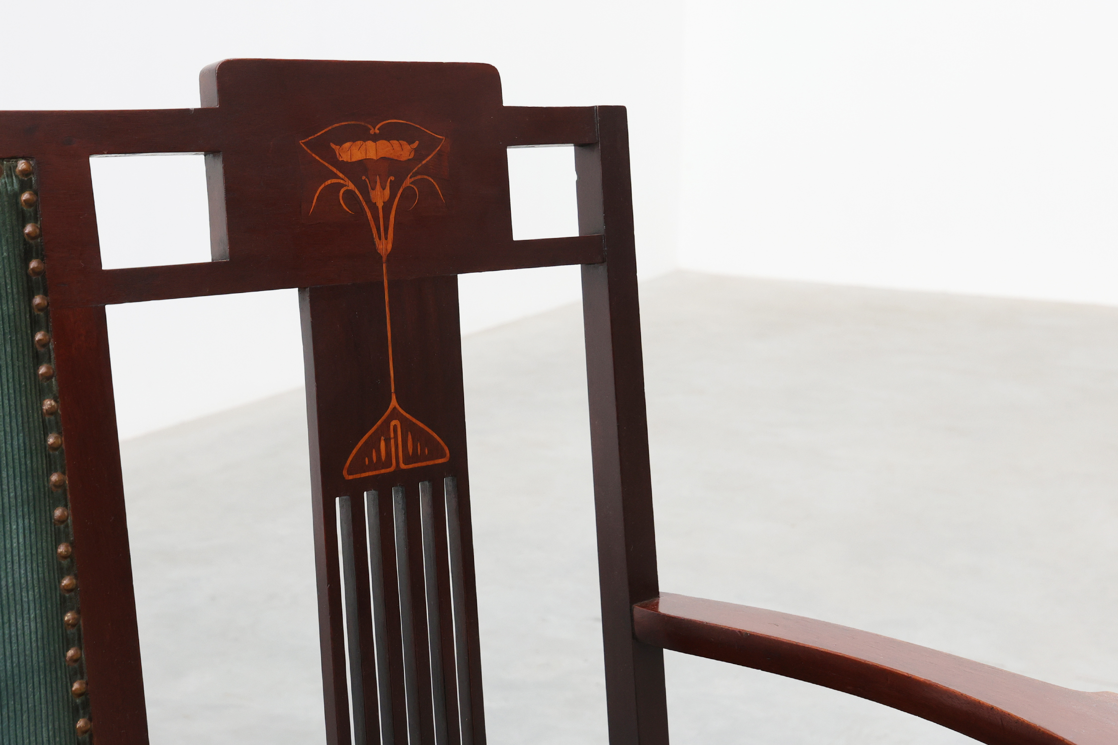 Art Nouveau Walnut Settee with Floral Marquetry, Belgium, ca. 1900thumbnail